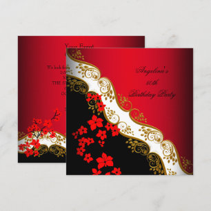 Invitation Rouge Asiatique Noir Blanc Floral Or fête d'annive
