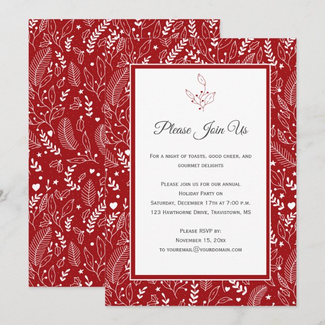 Invitation Rouge avec Baies blanches à grains floraux Pattes (Devant / Derrière)