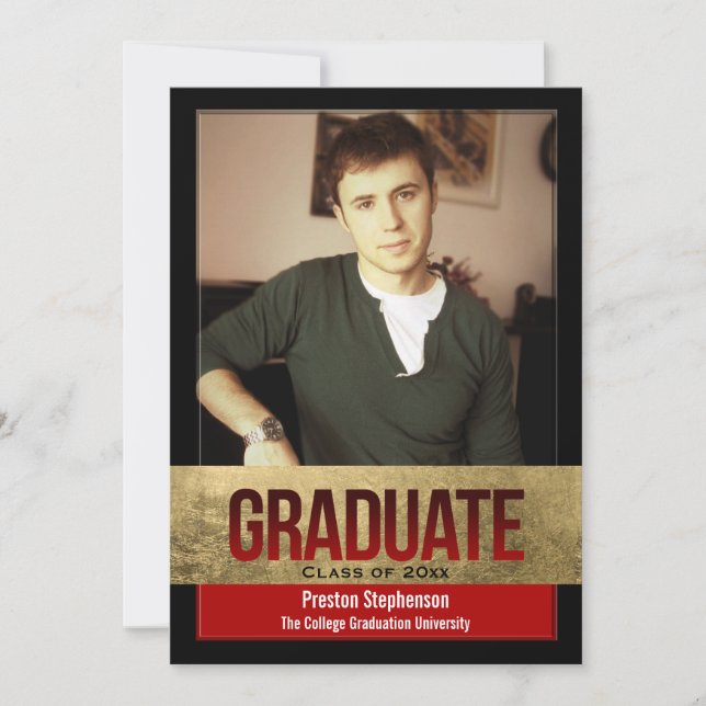 Invitation Rouge avec l'or Foil Block effet Photo Graduation (Devant)
