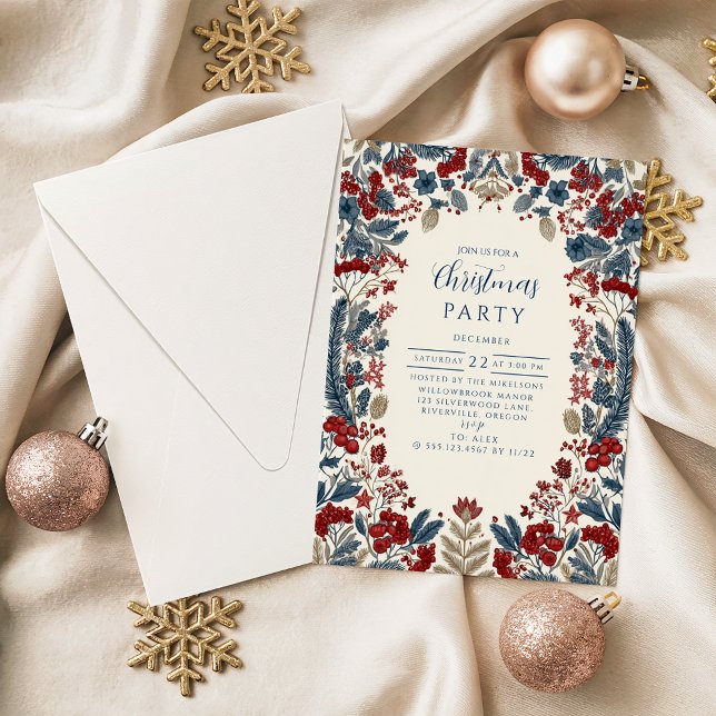 Invitation Rouge Baie & Bleu Pin Noël (Créateur téléchargé)