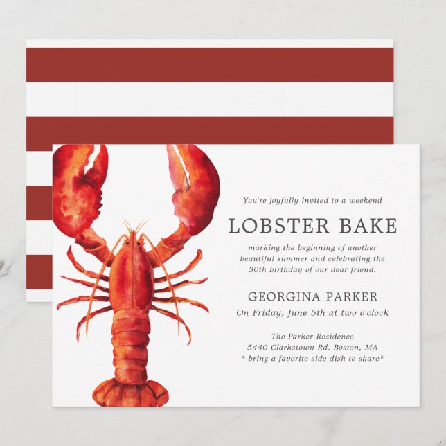 Invitation Rouge | Bake au homard Anniversaire | Bandes rouge (Devant / Derrière)