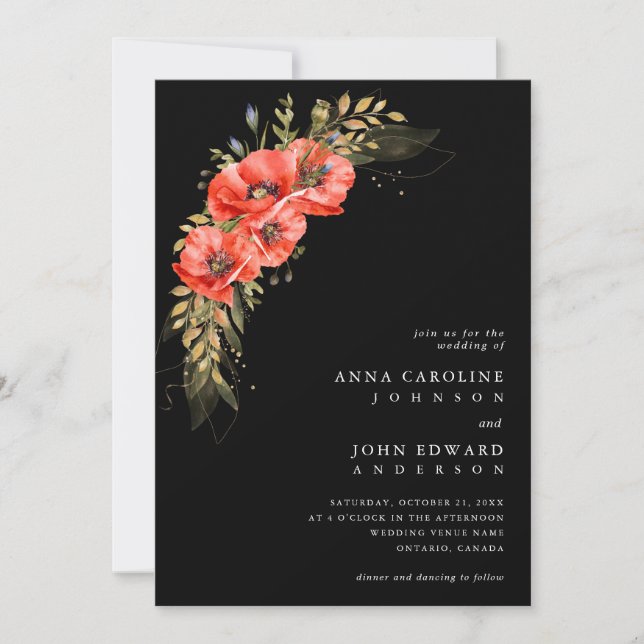 Invitation Rouge Black Gold Fleurs de pavot Code QR Mariage p (Devant)