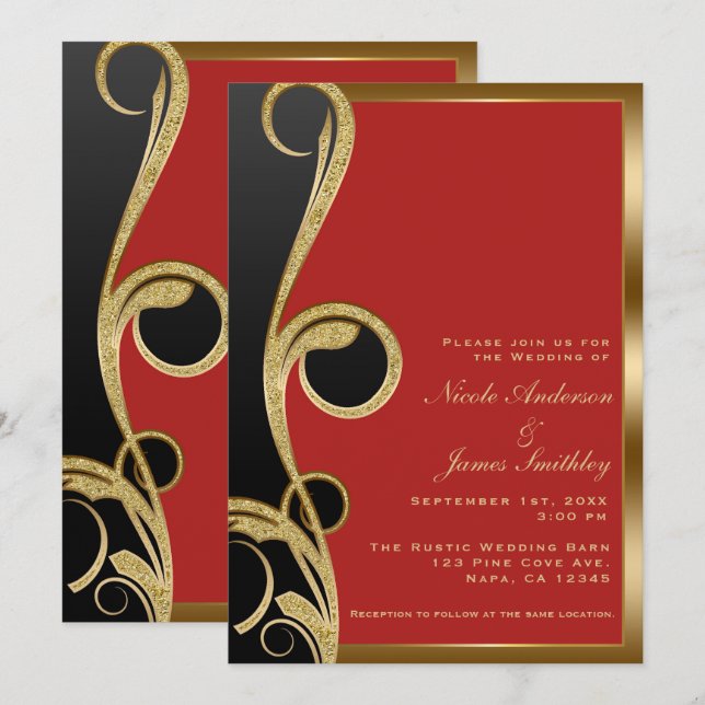 Invitation Rouge Black & Gold Modern Glam Élégant Mariage de  (Devant / Derrière)