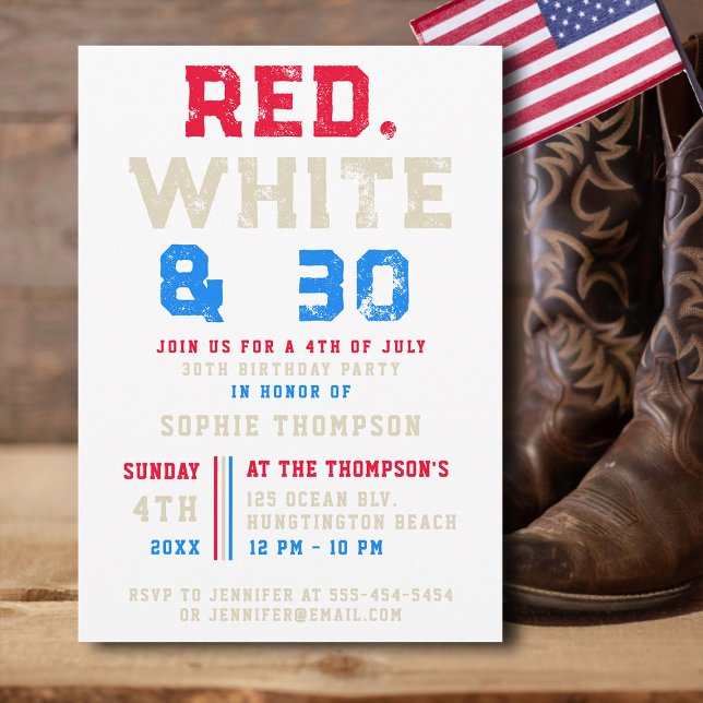 Invitation Rouge Blanc 30 Typographie 4 juillet 30e anniversa (4th of july 30th birthday party invitation for women red white and 30 sports varsity typography)