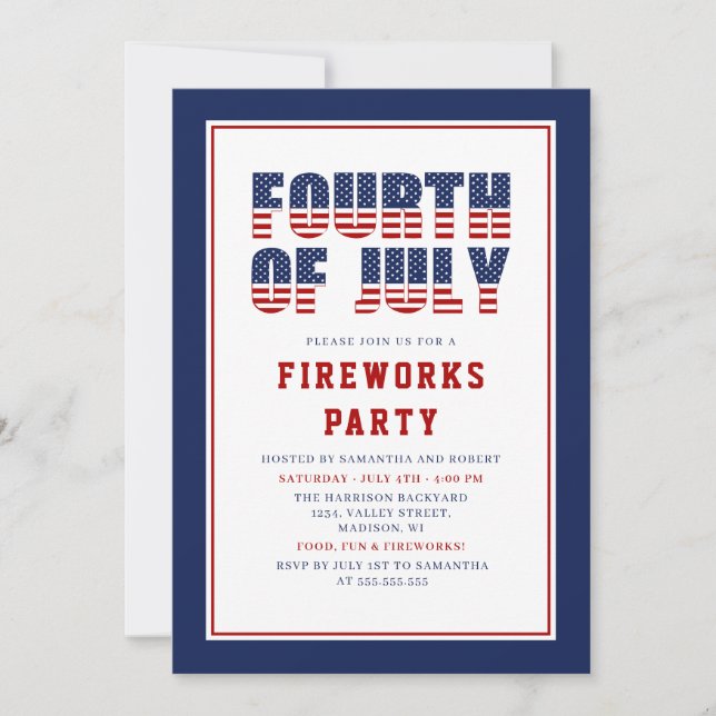 Invitation Rouge Blanc Bleu Étoiles 4 juillet Fête (Devant)