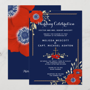 Invitation Rouge Blanc & Bleu Formel Anemone Mariage Nautique
