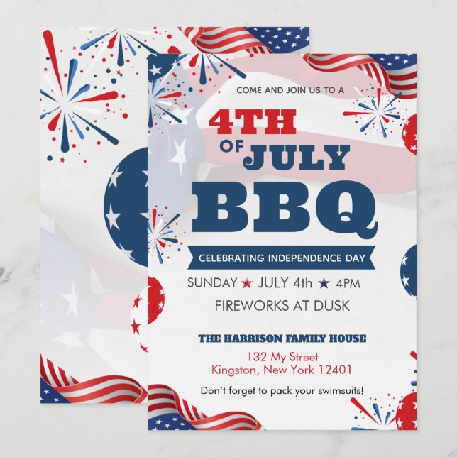 Invitation Rouge Blanc Bleu Juillet 4 Fête du barbecue du Par (Devant / Derrière)