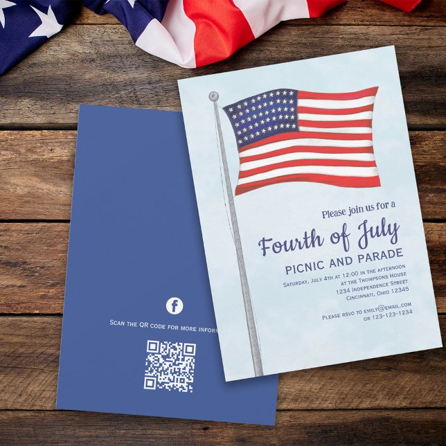 Invitation Rouge Blanc Bleu Plaisir 4 Juillet Drapeau QR Code (Créateur téléchargé)