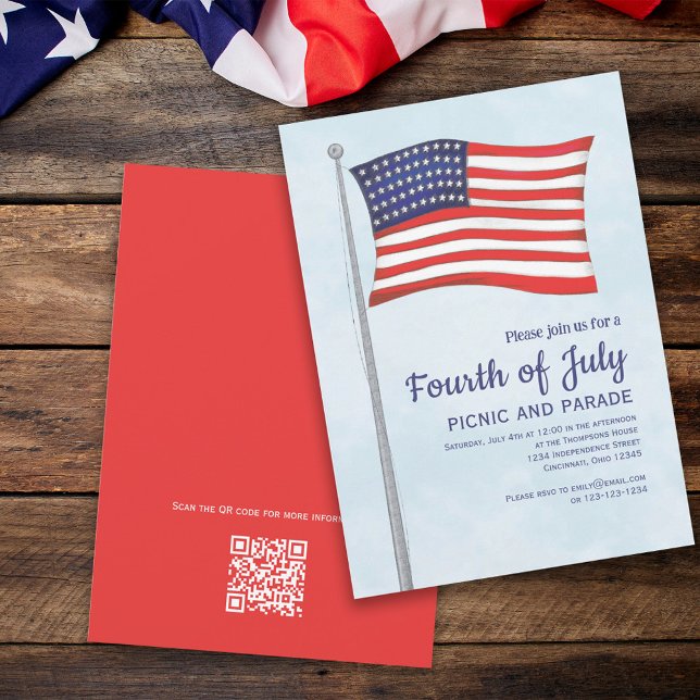 Invitation Rouge Blanc Bleu Plaisir 4 Juillet Drapeau QR Code (Créateur téléchargé)