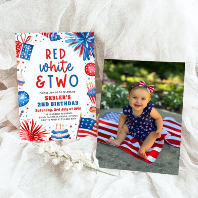 Invitation Rouge, Blanc & Deux 4 Juillet 2 Photo Anniversaire (Watercolor Fireworks Patriotic 4th July Red, White & Two 2nd Photo Birthday Party Invitation)