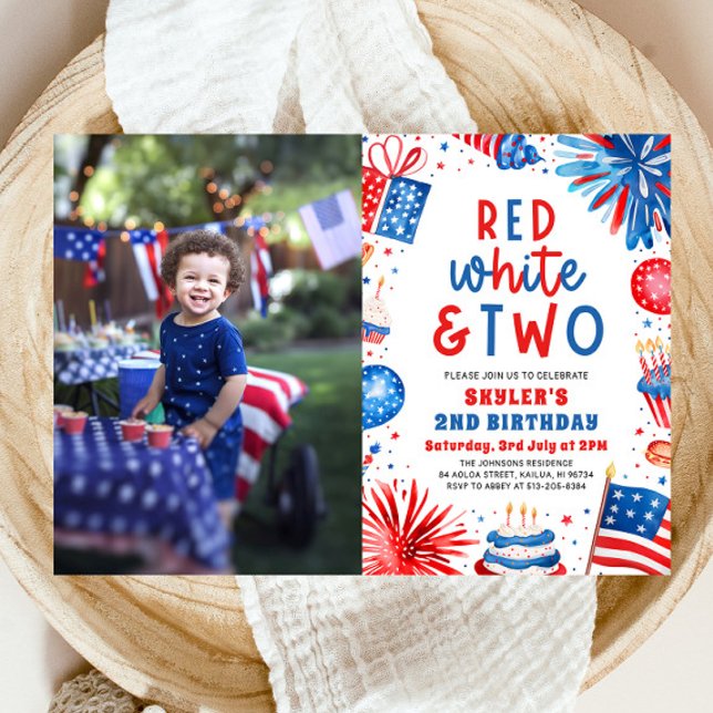 Invitation Rouge, Blanc & Deux 4 Juillet 2 Photo Anniversaire (Watercolor Partiotic Fireworks Red, White & Two 4th July 2nd Photo Birthday Party Invitation)