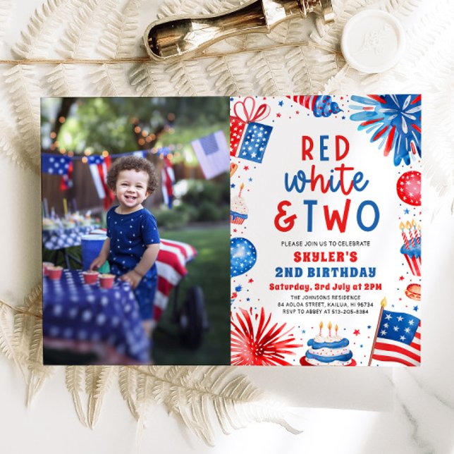 Invitation Rouge, Blanc & Deux 4 Juillet 2 Photo Anniversaire (Watercolor Partiotic Fireworks Red, White & Two 4th July 2nd Photo Birthday Party Invitation)