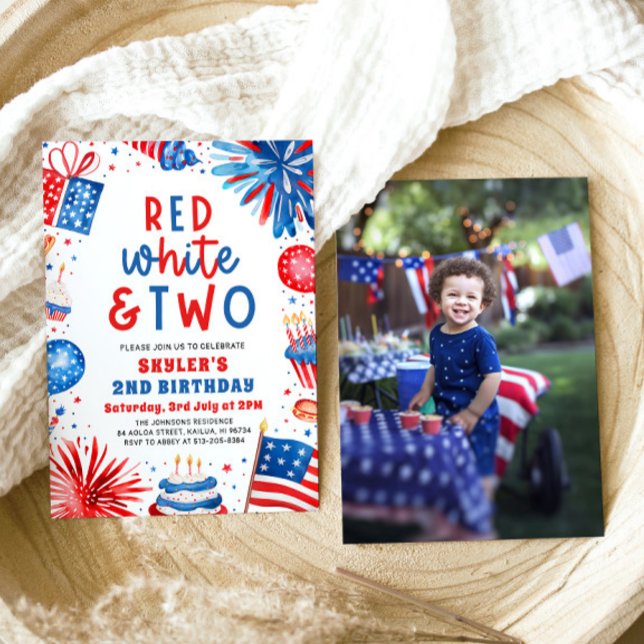 Invitation Rouge, Blanc & Deux 4 Juillet 2 Photo Anniversaire (Watercolor Fireworks Patriotic 4th July Red, White & Two 2nd Photo Birthday Party Invitation)