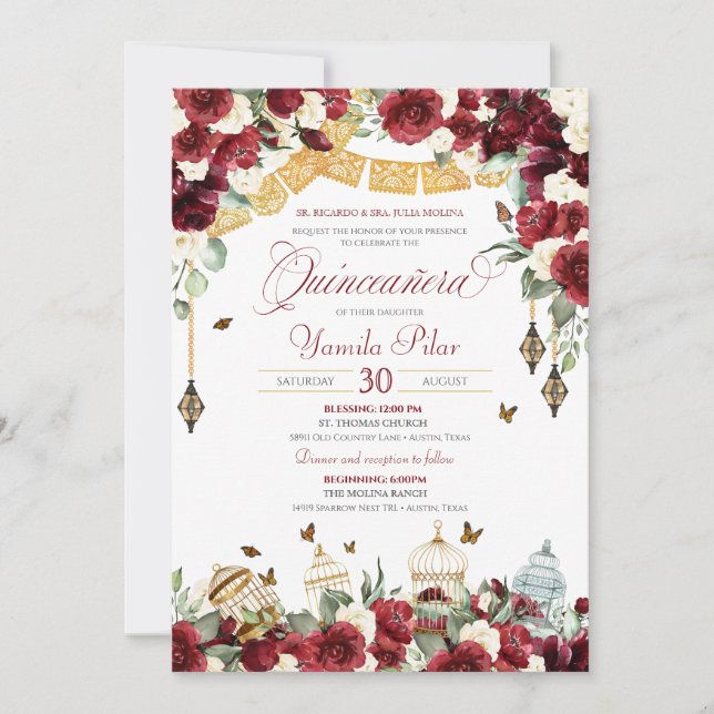 Invitation Rouge Blanc élégant papillon floral Quinceanera V6 (Devant)