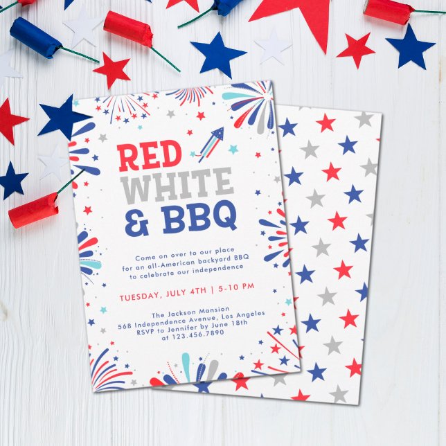 Invitation Rouge blanc et BBQ 4 juillet feux d'artifice patri (Créateur téléchargé)
