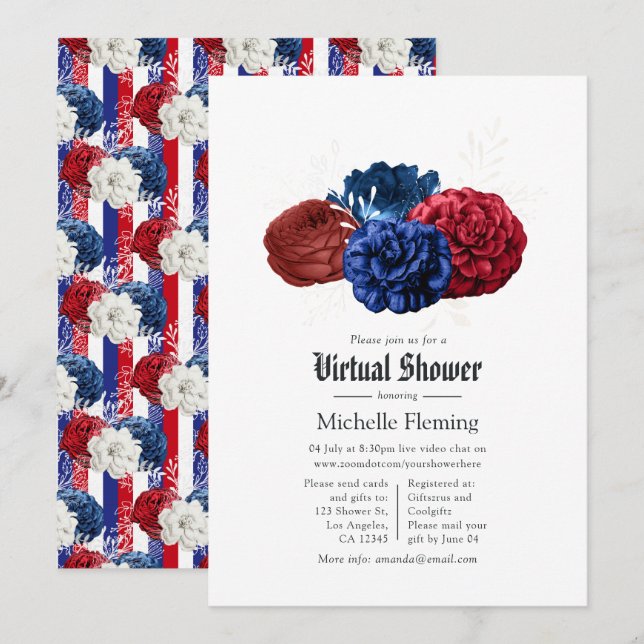Invitation Rouge Blanc et Bleu Floral 4 Juillet Douche virtue (Devant / Derrière)