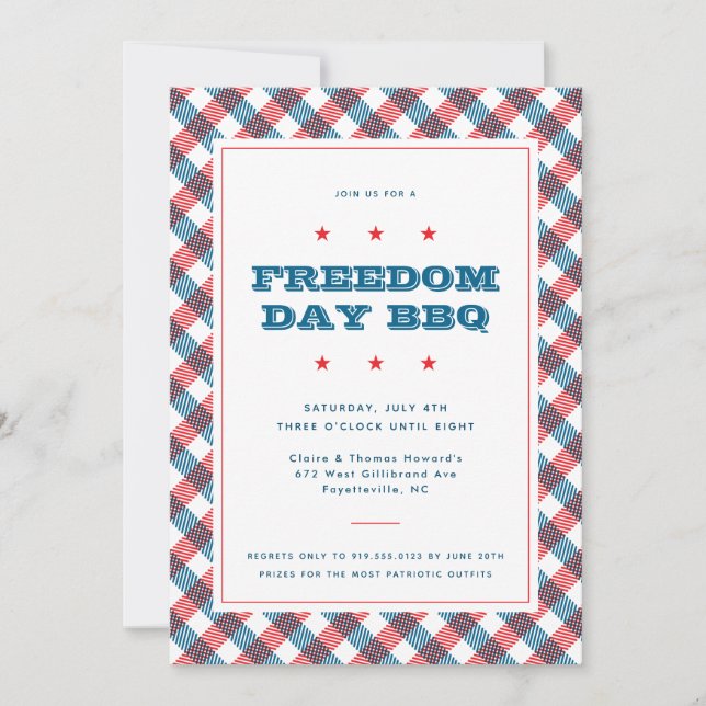 Invitation Rouge blanc et bleu plaid Quart juillet BBQ (Devant)