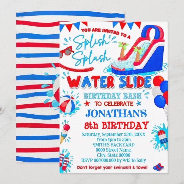 Invitation Rouge Blanc et Bleu Splish Splash Toboggan Anniver (Devant / Derrière)