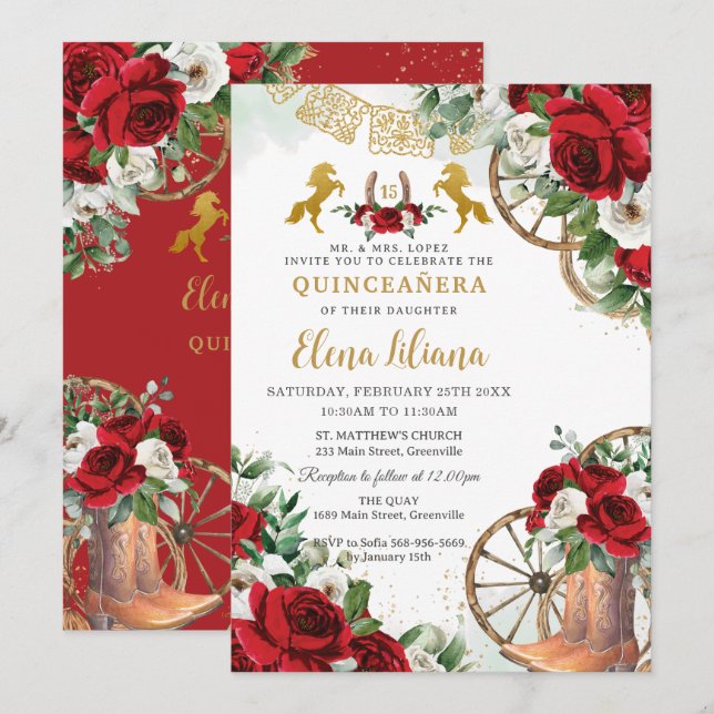 Invitation Rouge Blanc Floral Charro Charra Chevaux Quinceañe (Devant / Derrière)