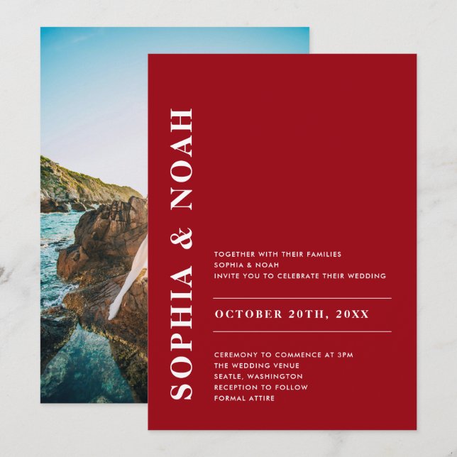 Invitation Rouge & Blanc moderne Elégant Simple Photo Mariage (Devant / Derrière)