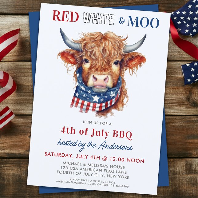 Invitation Rouge blanc Moo Patriotique Highland Cow 4 juillet (Créateur téléchargé)