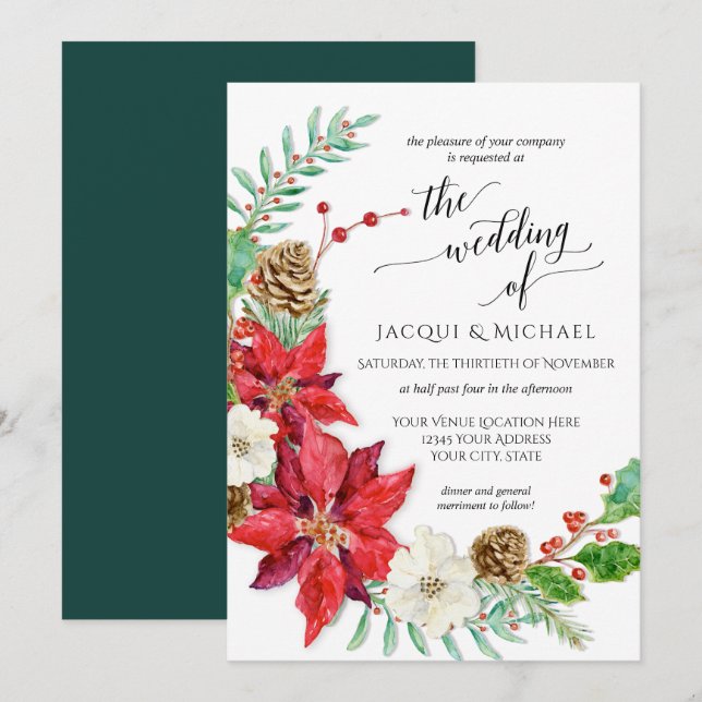 Invitation Rouge Blanc Noël Floral Wreath Mariage d'hiver (Devant / Derrière)