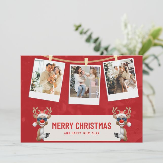 Invitation Rouge, Blanc Personnalisé Joyeux Noël Photo Collag (Debout devant)