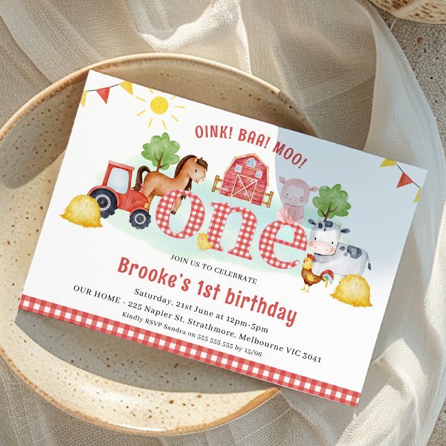 Invitation Rouge Blanc Plaid Oink Baa Moo Ferme 1er anniversa (Red Gingham Farm Fist Birthday Invitation For baby Girl, Barnyard 1st Birthday Invite, Farm Animals
)
