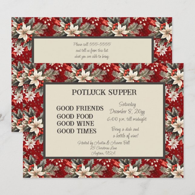 Invitation Rouge Blanc Poinsettia Noël POT LUCK Cène (Devant / Derrière)