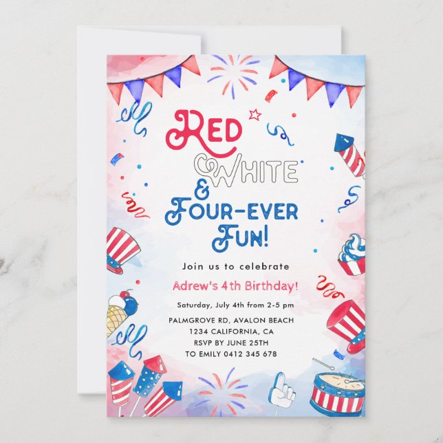 Invitation Rouge, Blanc, QUATRE Fun, Quatrième Anniversaire (Devant)