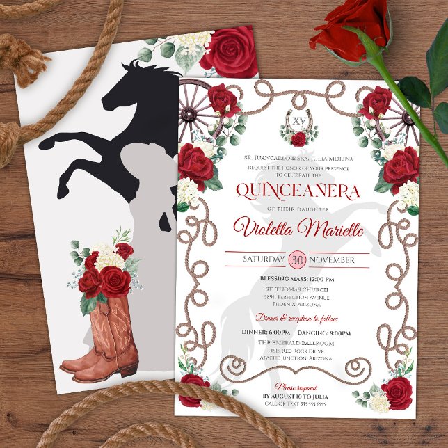 Invitation Rouge Blanc Russe Ouest Charro Quinceanera (Créateur téléchargé)