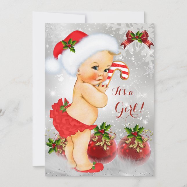 Invitation Rouge Blanc Vert Baby shower de Noël Fille Blonde (Devant)