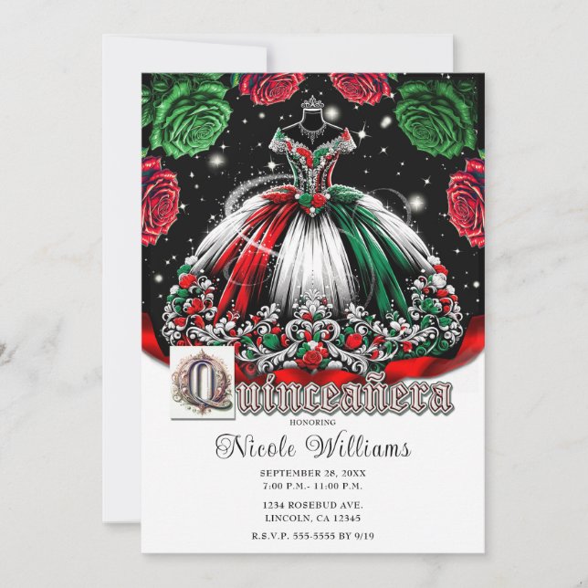Invitation Rouge Blanc Vert Mis Quince Anos 15 Quinceañera (Devant)