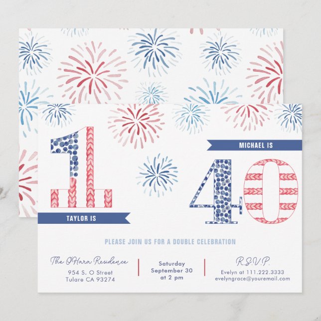 Invitation Rouge Bleu 4 juillet fête d'anniversaire conjointe (Devant / Derrière)