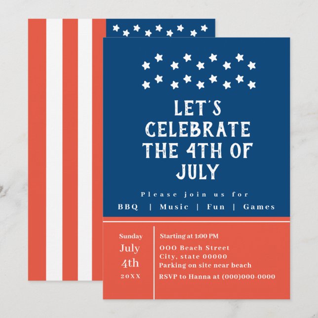 Invitation Rouge Bleu 4 juillet Fête Simple Classique (Devant / Derrière)