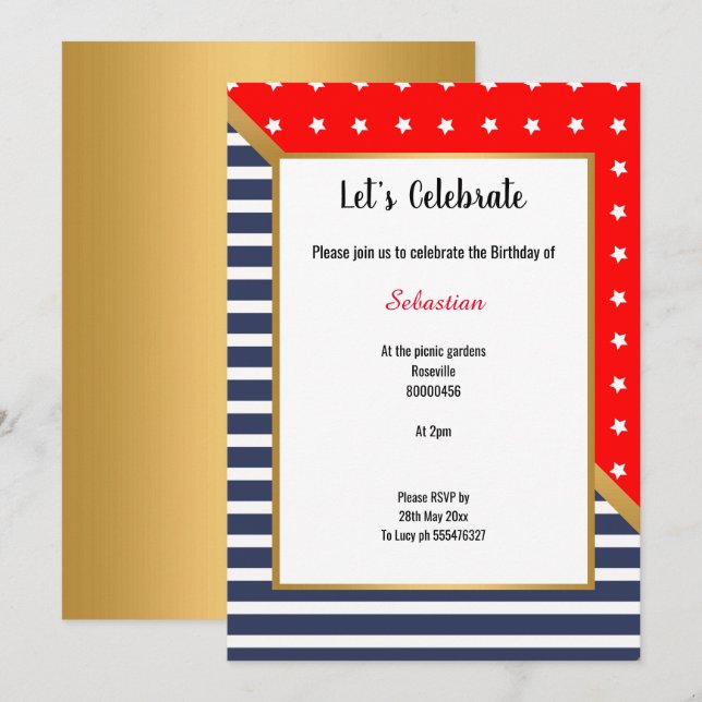 INVITATION ROUGE BLEU BLANC OR STARS & STRIPES ANNIVERSAIRE (Devant / Derrière)