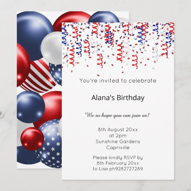 INVITATION ROUGE BLEU BLANC PATRIOTIQUE STREAMERS ANNIVERSAIR (Devant / Derrière)