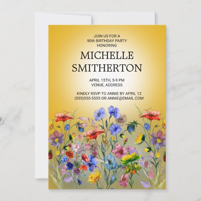 Invitation Rouge Bleu Jaune Fleur sauvage 90e anniversaire (Devant)