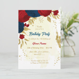 Invitation rouge & bleu marine fleurs or feuille anniversaire