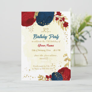 Invitation rouge & bleu marine fleurs or feuilles anniversair