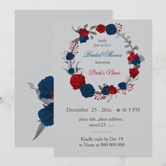 Invitation rouge & bleu marine fleurs wreath douche nuptiale (Devant / Derrière)
