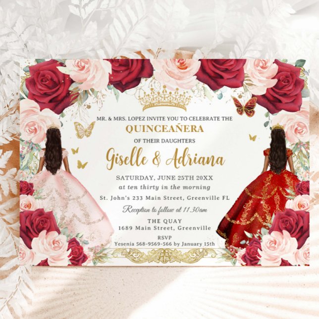 Invitation Rouge Blush rose Floral Twins Or Quinceañera (Créateur téléchargé)