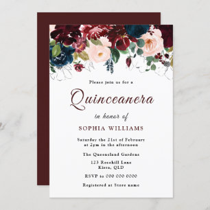 Invitation Rouge bordeaux, Blush Floral Quinceanera Party