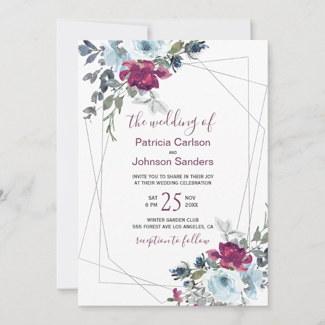 Invitation Rouge bordeaux et bleu poussiéreux mariage floral  (Devant)