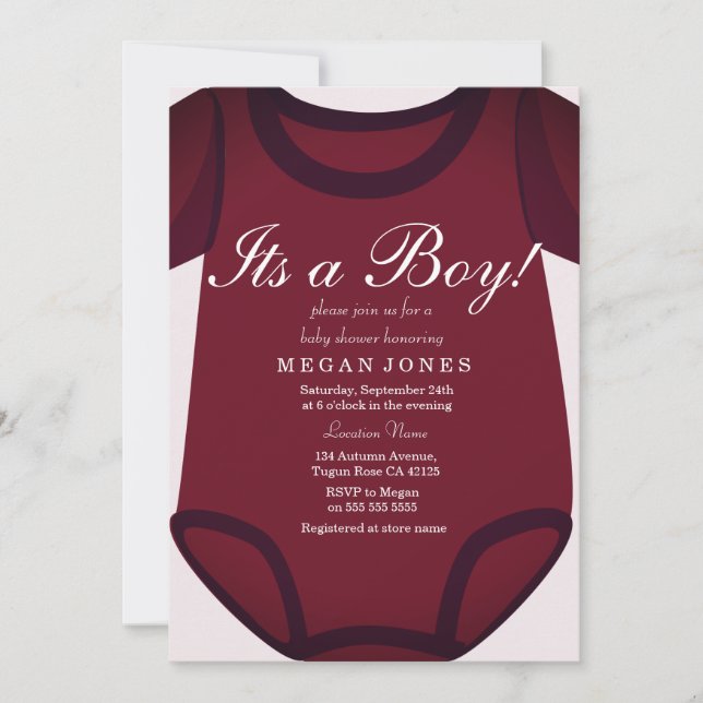 Invitation Rouge Bourgogne C'est un garçon baby shower invita (Devant)