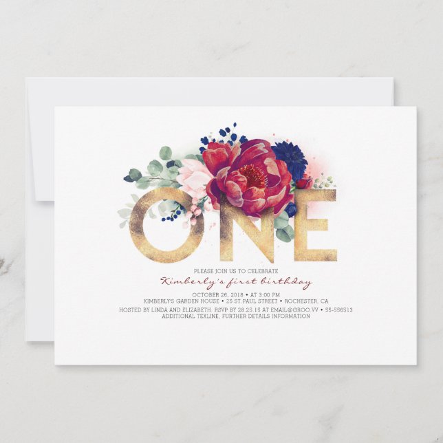 Invitation Rouge Bourgogne et bleu marine Floral 1er annivers (Devant)