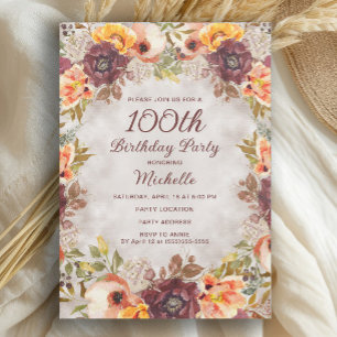 Invitation Rouge Bourgogne Fleur Orange 100e Anniversaire Fem