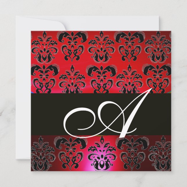 Invitation ROUGE BOURGOGNE NOIR MONOGRAMME DAMAS , rubis blan (Devant)