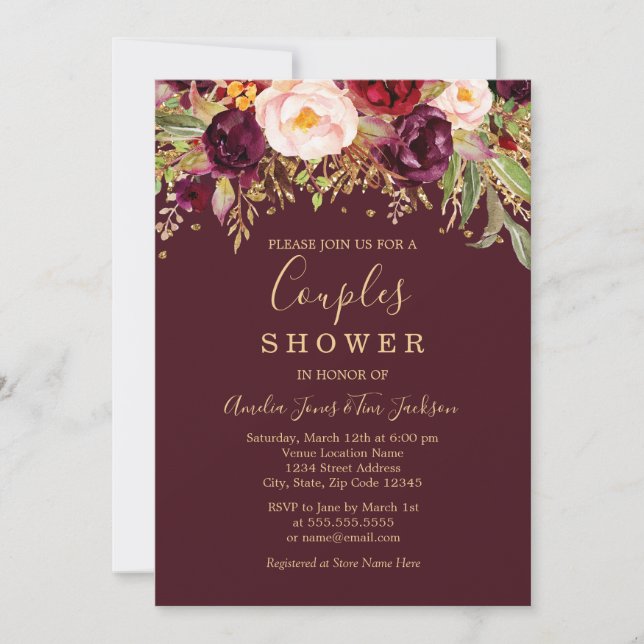 Invitation Rouge Bourgogne Or Parties scintillant Floral Coup (Devant)