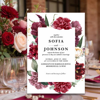 Invitation Rouge Bourgogne profond Fleurs de mariage Rose Mar